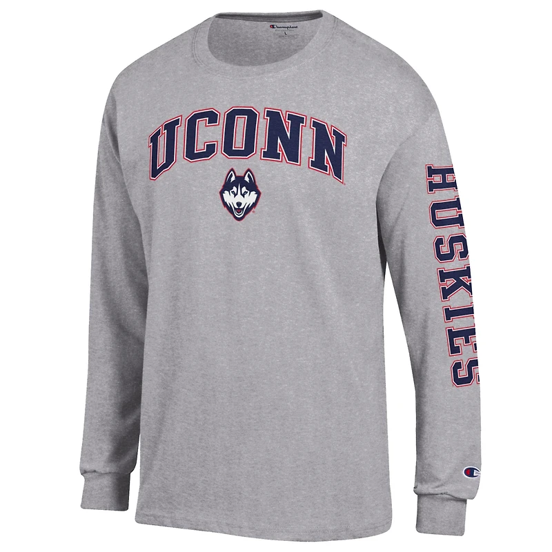 Men's Champion  Heather Gray UConn Huskies Arch Over Logo 2-Hit Long Sleeve T-Shirt