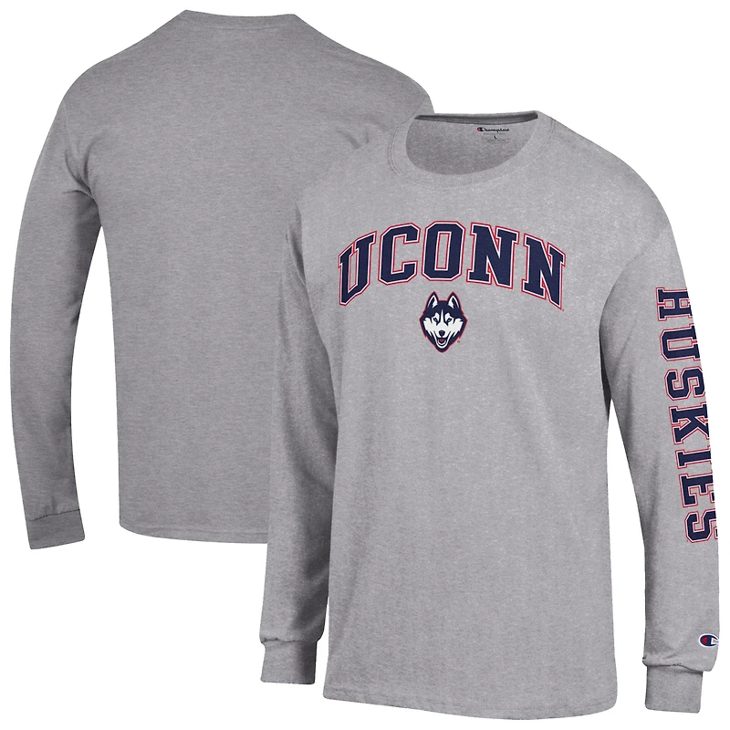 T-shirt à manches longues Champion Heather Gray UConn Huskies pour homme avec logo Arch Over 2-Hit