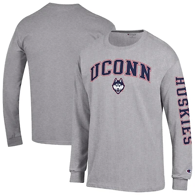 T-shirt à manches longues Champion Heather Gray UConn Huskies pour homme avec logo Arch Over 2-Hit