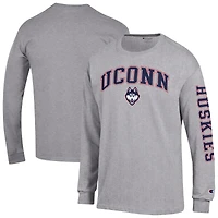 T-shirt à manches longues Champion Heather Gray UConn Huskies pour homme avec logo Arch Over 2-Hit