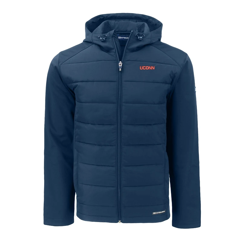 Veste à capuche entièrement zippée en softshell recyclée Evoke Hybrid Eco pour homme, bleu marine, des Huskies de l'UConn, Cutter & Buck
