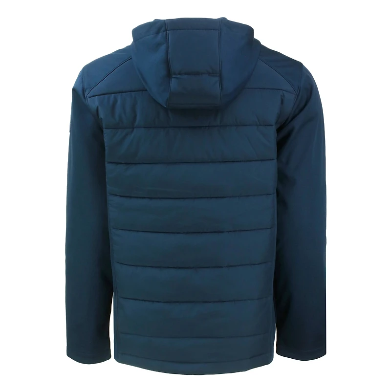 Veste à capuche entièrement zippée en softshell recyclée Evoke Hybrid Eco pour homme, bleu marine, des Huskies de l'UConn, Cutter & Buck