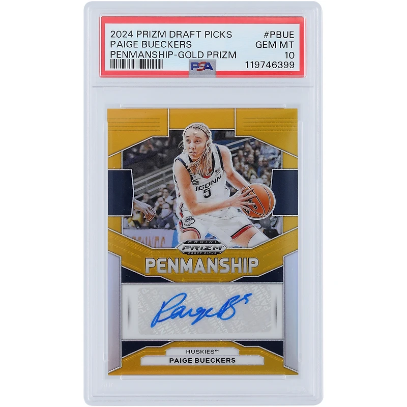 Carte autographiée de Paige Bueckers (UConn Huskies) - Panini Prizm Draft Picks Gold Prizm 2024, n° P-BUE, authentifiée PSA 10 (3/10).