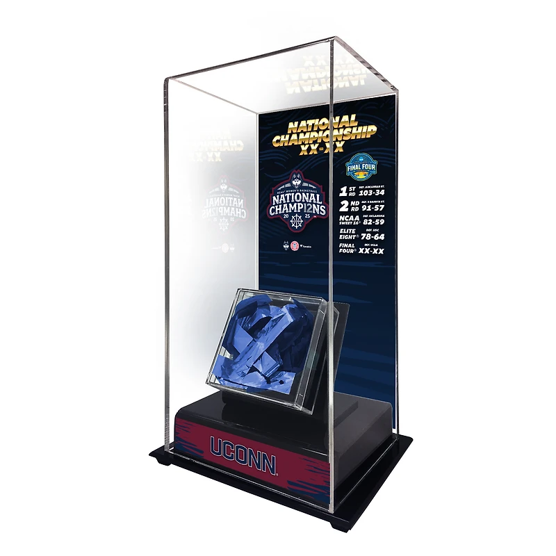 Grande vitrine de présentation des Huskies de l'UConn, champions nationaux de basketball féminin de la NCAA 2025, avec confettis utilisés lors du match