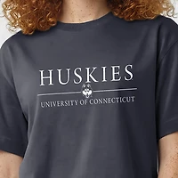 T-shirt Champion bleu marine pour femmes, UConn Huskies, longueur taille, logo.