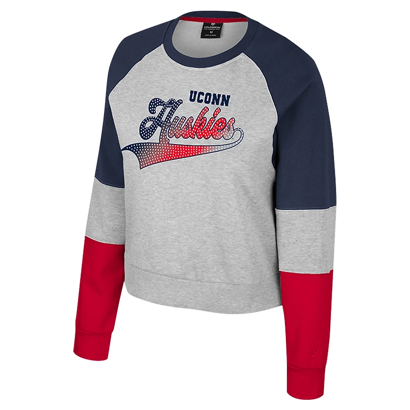 Women's Colosseum Heather Gray UConn Huskies Katinka Rhinestone Scoop Neck Pullover Sweatshirt