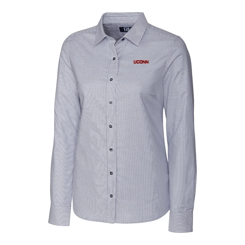 Chemise à manches longues extensible rayures en oxford pour femme Cutter & Buck, anthracite, avec inscription UConn Huskies
