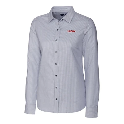 Chemise à manches longues extensible rayures en oxford pour femme Cutter & Buck, anthracite, avec inscription UConn Huskies