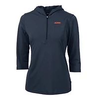 Women's Cutter & Buck Navy UConn Huskies Wordmark Virtue Eco Pique Half-Zip 3/4 Sleeve Pullover Hoodie