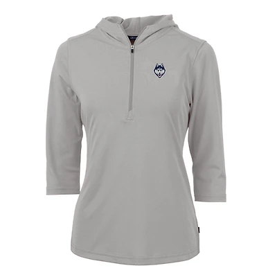 Women's Cutter & Buck Silver UConn Huskies Logo Virtue Eco Pique Half-Zip 3/4 Sleeve Pullover Hoodie