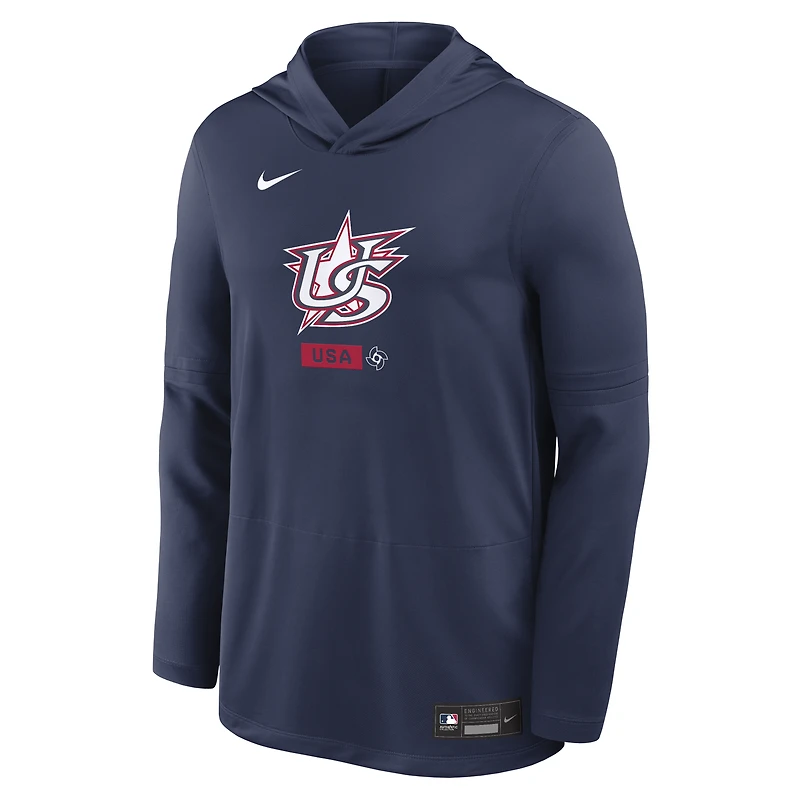 Men's Nike Navy USA Baseball 2026 World Classic Authentic Collection Dri-FIT Long Sleeve Hooded T-Shirt