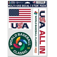 WinCraft USA Baseball 2023 World Baseball Classic Fan Lot de 3 feuilles de décalcomanies à usages multiples