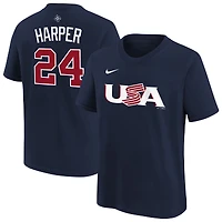 Youth Nike Bryce Harper Navy USA Baseball 2026 World Classic Name & Number T-Shirt