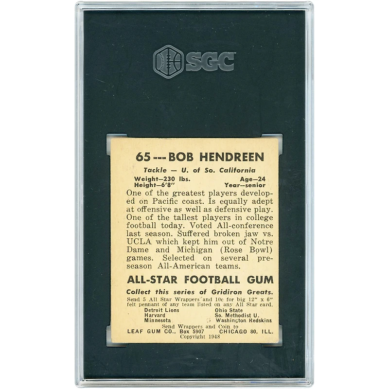 Bob Hendren USC Trojans 1948 Leaf Gum Co. #65 SGC Authenticated 4.5 Rookie Card