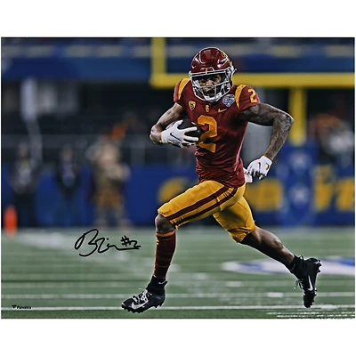 Photographie autographiée de 16" x 20" de Brenden Rice USC Trojans en train de courir avec un maillot rouge