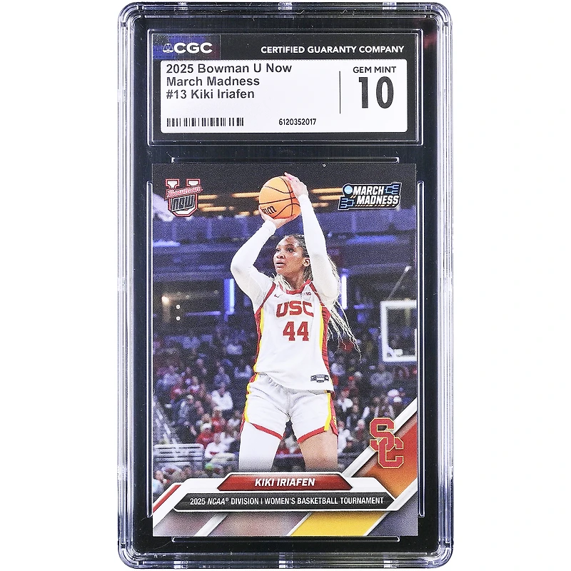Carte authentifiée CGC 10 de Kiki Iriafen, USC Trojans, édition 2025 Bowman U Now March Madness n° 13