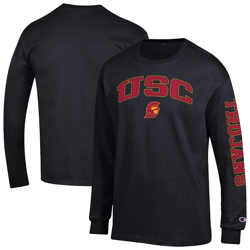 T-shirt à manches longues noir Champion USC Trojans pour homme avec logo Arch Over et 2 coups
