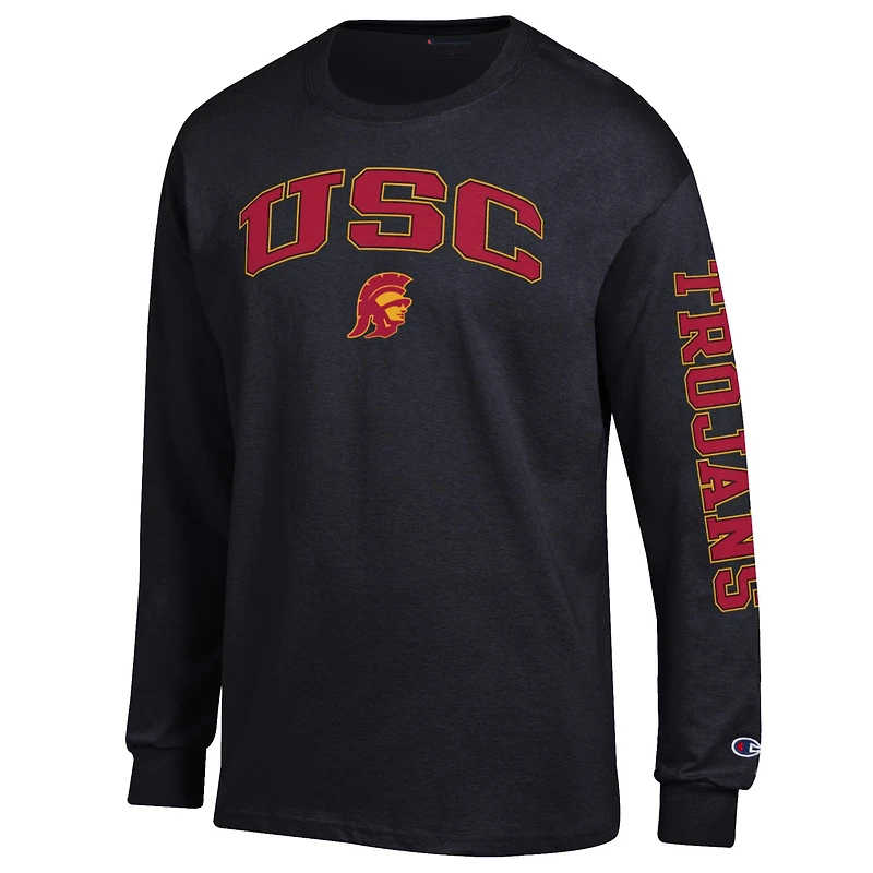 T-shirt à manches longues noir Champion USC Trojans pour homme avec logo Arch Over et 2 coups