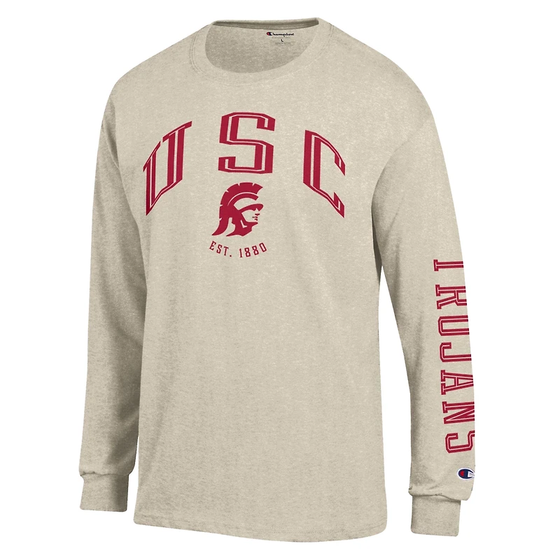 Men's Champion  Heather Oatmeal USC Trojans Neutral Arch Long-Sleeve T-Shirt