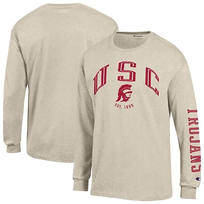 Men's Champion Heather Oatmeal USC Trojans Neutral Arch Long-Sleeve T-Shirt