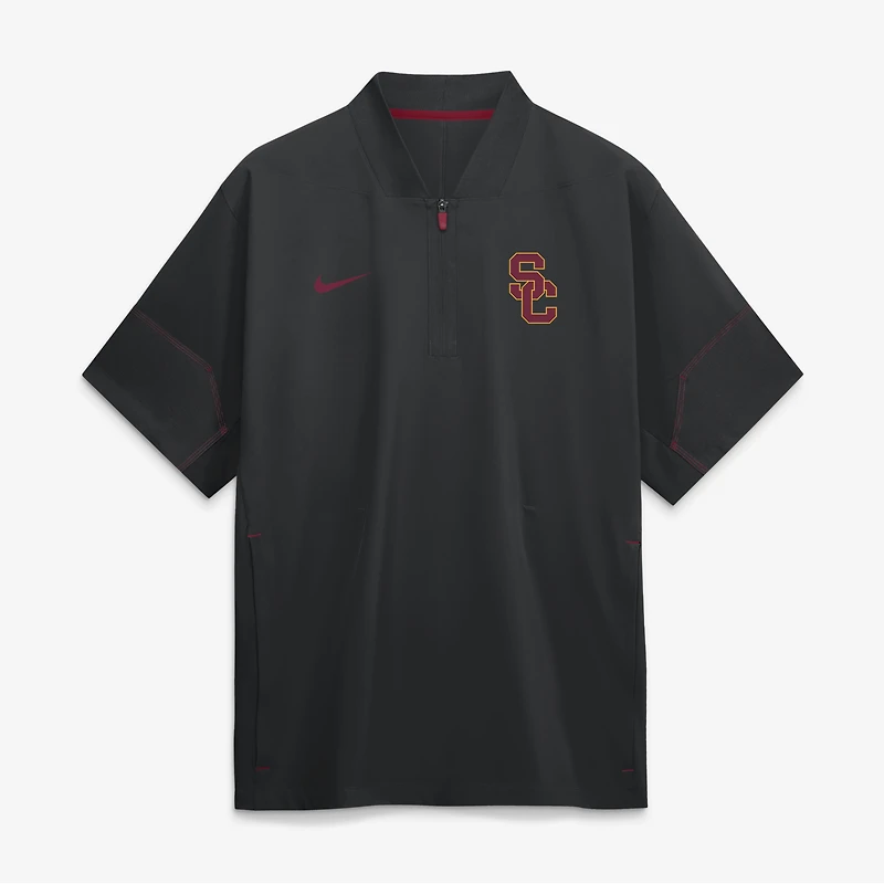 Veste de coach Nike USC Trojans 2026 Sideline noire pour homme, manches courtes et fermeture éclair au quart.