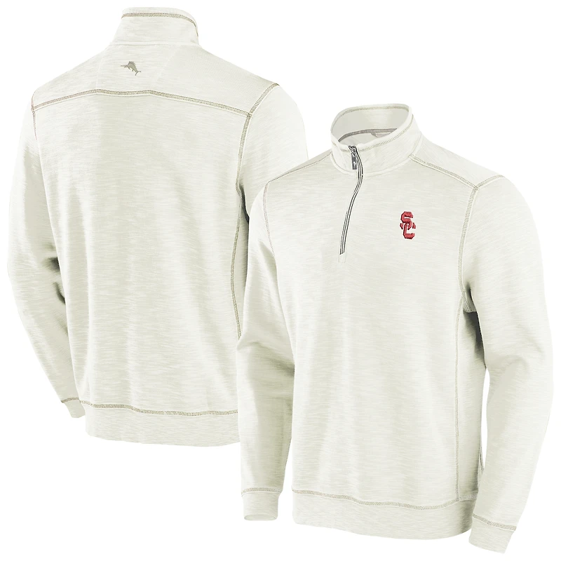 Haut à trois mélanges demi-zip Tommy Bahama crème USC Trojans Tobago Bay pour hommes