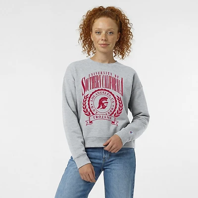 Women's Champion  Heather Gray USC Trojans Academic Crest Powerblend Crewneck Sweatshirt