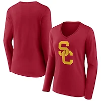 T-shirt à manches longues et col en V avec logo Evergreen Fanatics Cardinal USC Trojans pour femmes