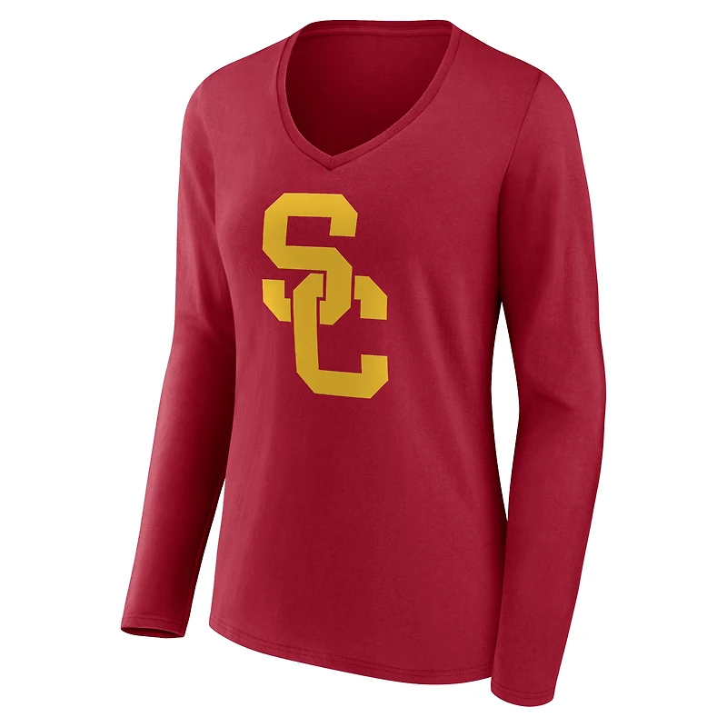 T-shirt à manches longues et col en V avec logo Evergreen Fanatics Cardinal USC Trojans pour femmes