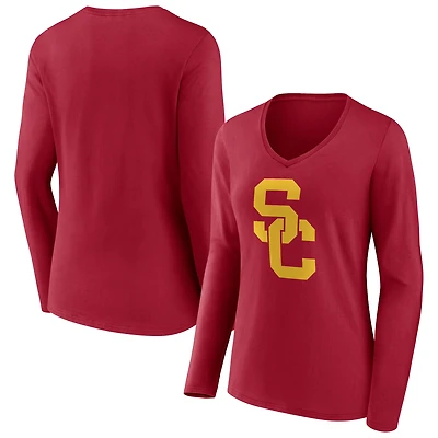 T-shirt à manches longues et col en V avec logo Evergreen Fanatics Cardinal USC Trojans pour femmes