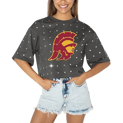 Women's Gameday Couture Gray USC Trojans Go Time Rhinestone Crop T-Shirt