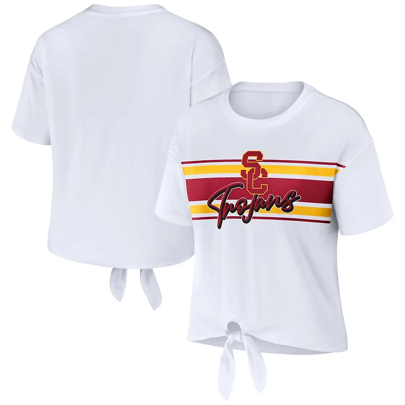 Women's WEAR by Erin Andrews White USC Trojans Striped Front Knot Cropped T-Shirt