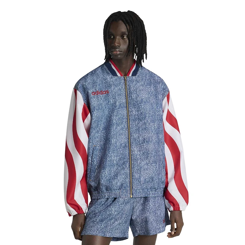 Veste de survêtement zippée adidas pour homme, bleu USA 1994, motif denim graphique.