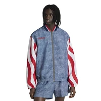 Veste de survêtement zippée adidas pour homme, bleu USA 1994, motif denim graphique.