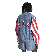 Veste de survêtement zippée adidas pour homme, bleu USA 1994, motif denim graphique.