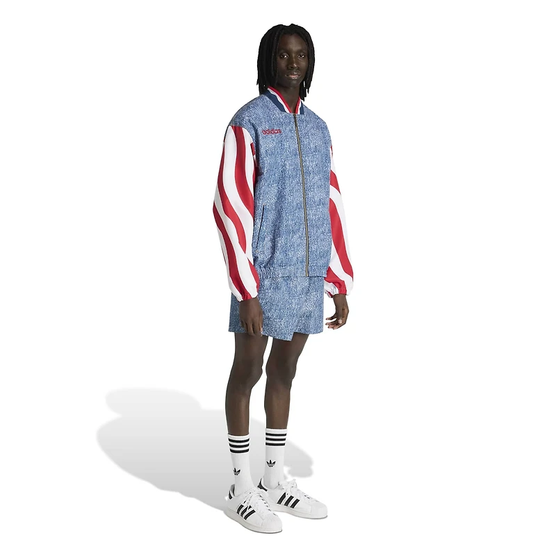 Veste de survêtement zippée adidas pour homme, bleu USA 1994, motif denim graphique.