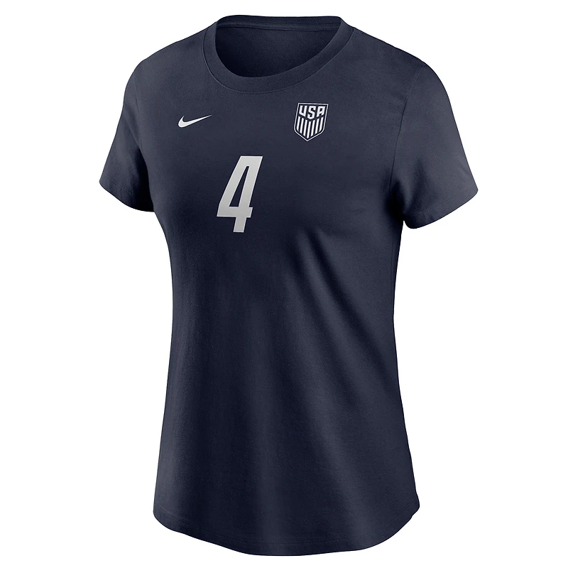 T-shirt Nike Tyler Adams bleu marine pour femme, style extérieur, avec nom et numéro de l'équipe nationale américaine football (USMNT).