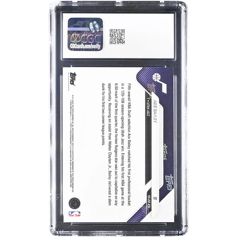 Ace Bailey, Utah Jazz 2025-26 Topps Now '25, 5e choix de la draft, fait ses débuts en NBA. Carte rookie verte métallisée n° 9/99 authentifiée CGC 9.5.