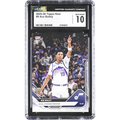 Ace Bailey, Utah Jazz, 2025-26 Topps Now NBA 2025, 5e choix de la draft, fait ses débuts en NBA. Carte rookie n° 9 authentifiée CGC.