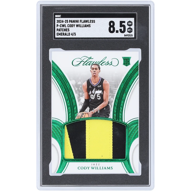 Carte de recrue Cody Williams Utah Jazz 2024-25 Panini Flawless Dual-Color Relic Emerald #P-CWL #4/5 authentifiée SGC 8.5