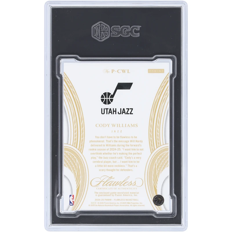 Carte de recrue Cody Williams Utah Jazz 2024-25 Panini Flawless Dual-Color Relic Emerald #P-CWL #4/5 authentifiée SGC 8.5