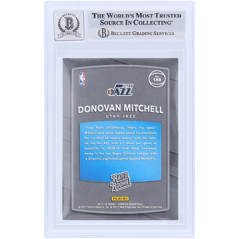 Carte de recrue Panini Donruss n° 188 autographiée par Donovan Mitchell, Utah Jazz, 2017-2018, signée Beckett Fanatics, authentifiée et témoin de la victoire.
