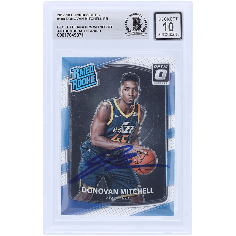 Carte de recrue Panini Donruss Optic n° 188 autographiée par Donovan Mitchell, Utah Jazz, 2017-2018, Beckett Fanatics, authentifiée et témoin de la saison 10