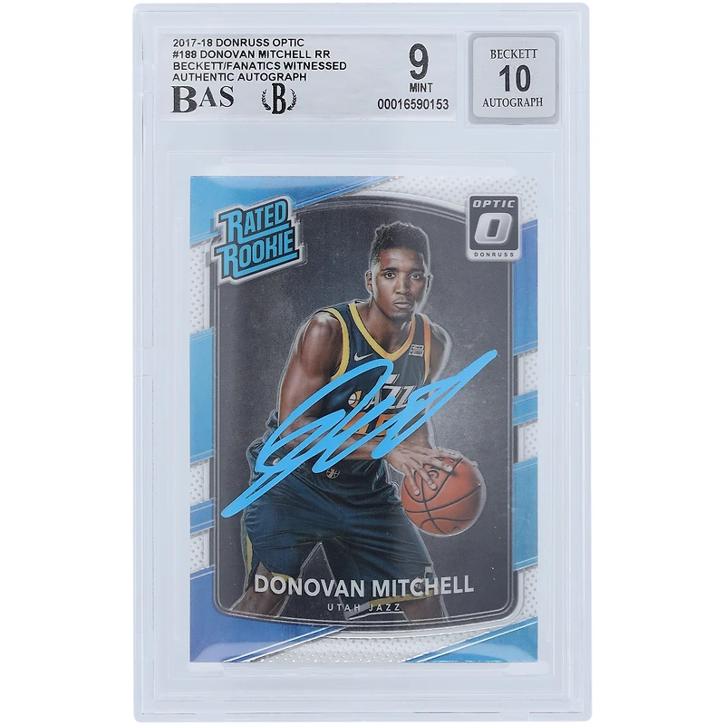 Carte de recrue 9/10 autographiée Panini Donruss Optic Powder Blue Paint #188 Beckett Fanatics Witnessed 2017-18 de Donovan Mitchell Utah Jazz