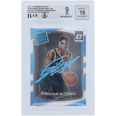 Carte de recrue 9/10 autographiée Panini Donruss Optic Powder Blue Paint #188 Beckett Fanatics Witnessed 2017-18 de Donovan Mitchell Utah Jazz