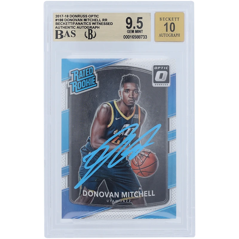Donovan Mitchell Utah Jazz Autographed 2017-18 Panini Donruss Optic Powder Blue Paint #188 Beckett Fanatics Witnessed Authenticated /10 Rookie Card