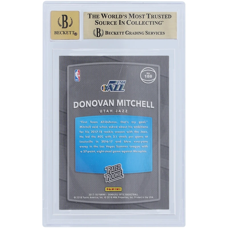 Donovan Mitchell Utah Jazz Autographed 2017-18 Panini Donruss Optic Powder Blue Paint #188 Beckett Fanatics Witnessed Authenticated /10 Rookie Card