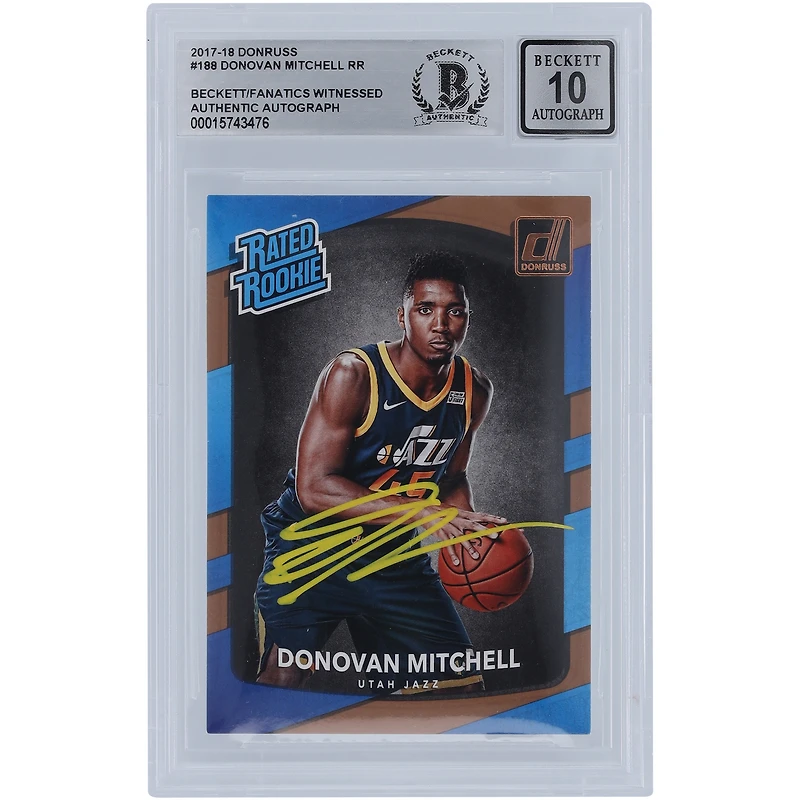 Donovan Mitchell Utah Jazz Autographed 2017-18 Panini Donruss Rated Rookie Yellow Ink #188 Beckett Fanatics Witnessed Authenticated 10 Rookie Card