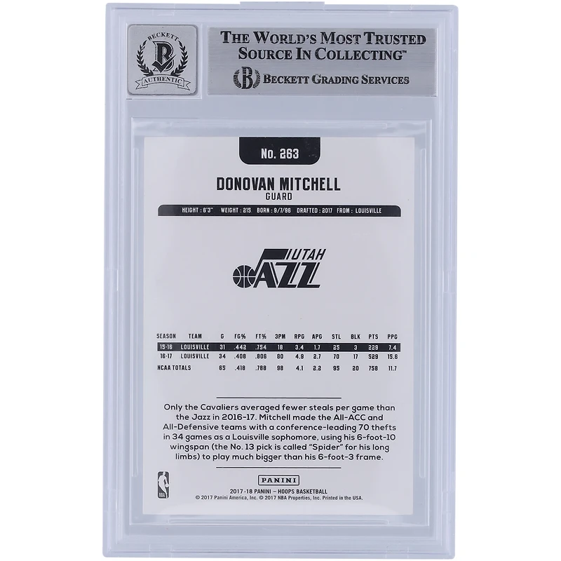 Donovan Mitchell Utah Jazz Autographed 2017-18 Panini Hoops #263 Beckett Fanatics Witnessed Authenticated 9/10 Rookie Card