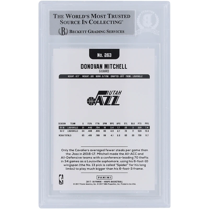 Donovan Mitchell Utah Jazz Autographed 2017-18 Panini Hoops #263 Beckett Fanatics Witnessed Authenticated Rookie Card